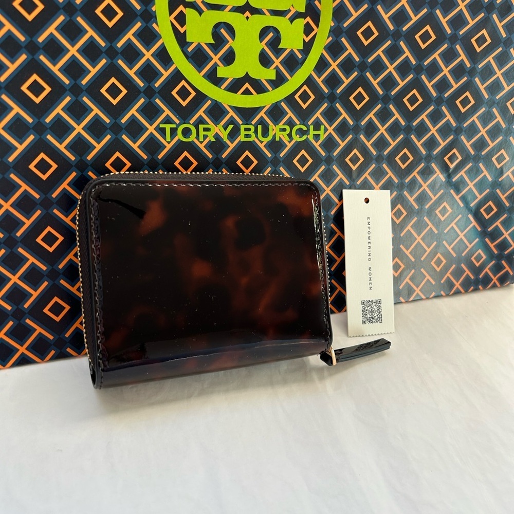 Tory Burch Emerson Tortoise Patent Mini Wallet Gold Brown Tan Neutral - Picture 2 of 10